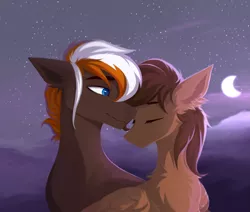 Size: 2361x2000 | Tagged: safe, artist:magicbalance, derpibooru import, oc, oc:wiley waves, unofficial characters only, earth pony, pegasus, pony, chest fluff, cloud, colored pupils, couple, cute, ear fluff, eyes closed, floppy ears, gay, image, male, moon, night, night sky, oc x oc, png, shipping, sky, stallion, stars, wings