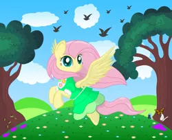 Size: 1535x1250 | Tagged: artist:spellboundcanvas, bee, bird, butterfly, clothes, cloud, cloudsdale, cute, derpibooru import, dress, flower, fluttershy, fluttershy day, flying, grass, hill, insect, in the air, safe, shyabetes, tree