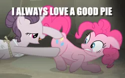 Size: 1200x753 | Tagged: safe, derpibooru import, screencap, pinkie pie, sugar belle, earth pony, pony, unicorn, the cutie map, butt touch, caption, image macro, meme, personal space invasion, pun, text