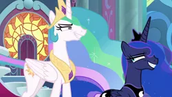 Size: 1920x1080 | Tagged: safe, derpibooru import, screencap, princess celestia, princess luna, alicorn, pony, sparkle's seven, canterlot castle, crown, duo, ethereal mane, eyeshadow, female, flowing mane, folded wings, forced smile, grin, jewelry, looking at each other, makeup, mare, narrowed eyes, regalia, royal sisters, siblings, sisters, smiling, stained glass, throne room, wings