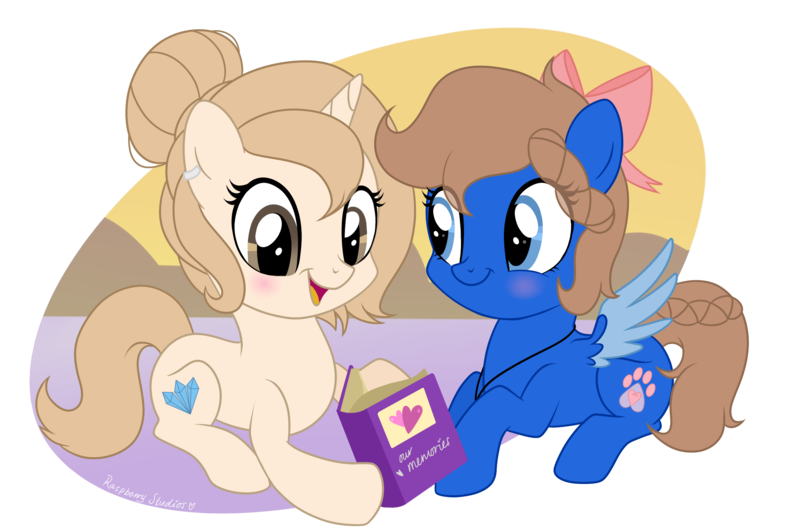 Size: 2572x1709 | Tagged: safe, artist:raspberrystudios, derpibooru import, oc, oc:midnight luna, oc:rosaline, unofficial characters only, unicorn, book, bow, chibi, commission