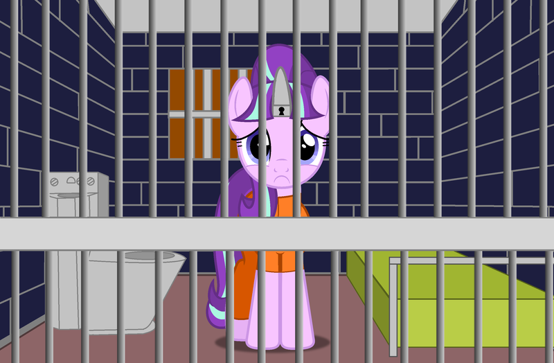 Size: 2540x1664 | Tagged: safe, artist:dashiesparkle, artist:stephen-fisher, derpibooru import, starlight glimmer, pony, unicorn, abuse, alternate ending, clothes, glimmerbuse, horn, horn cap, jail, magic suppression, prison, prison outfit, prisoner, sad, upset