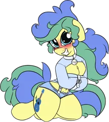 Size: 928x1034 | Tagged: suggestive, artist:k-kopp, derpibooru import, oc, oc:candy apple, earth pony, pony, blushing, bondage, clothes, collar, female, floppy ears, grin, panties, pet tag, simple background, smiling, solo, straitjacket, transparent background, underwear