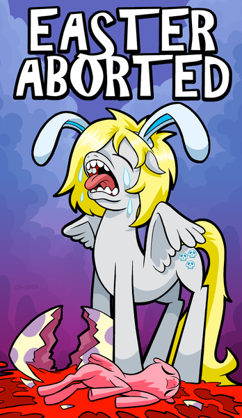 Size: 900x1553 | Tagged: grimdark, artist:curtsibling, derpibooru import, derpy hooves, pegasus, pony, abortion, blood, bunny ears, crying, dead, dead horse, easter, egg, foal, holiday, open mouth, we are going to hell