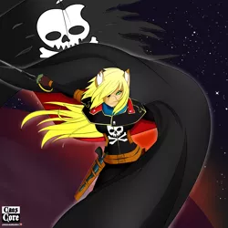 Size: 4000x4000 | Tagged: safe, artist:caoscore, derpibooru import, applejack, ponified, anthro, pony, anime, breasts, busty applejack, cape, captain harlock, clothes, crossover, eyepatch, flag, gun, handgun, jolly roger, pirate, pistol, scar, skull and crossbones, space, space pirate, stars, sword, weapon