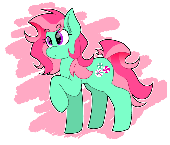 Size: 1756x1500 | Tagged: safe, artist:cenonplusfish, derpibooru import, minty, earth pony, pony, abstract background, eyebrows visible through hair, female, g3, g3 to g4, generation leap, mare, raised hoof, solo