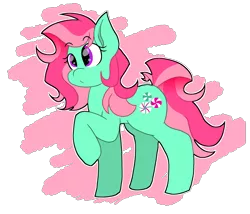 Size: 1756x1500 | Tagged: safe, artist:cenonplusfish, derpibooru import, minty, earth pony, pony, abstract background, eyebrows visible through hair, female, g3, g3 to g4, generation leap, mare, raised hoof, solo