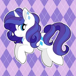 Size: 1668x1668 | Tagged: safe, artist:cenonplusfish, derpibooru import, rarity, pony, unicorn, abstract background, alternate hairstyle, argyle, ear piercing, earring, female, jewelry, looking back, mare, necklace, piercing, profile, smiling, solo, two toned mane