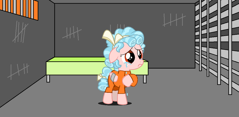 Size: 1096x536 | Tagged: safe, artist:digimonlover101, artist:stephen-fisher, derpibooru import, cozy glow, pegasus, pony, bound wings, clothes, cozybuse, jail, prison, prison outfit, sad, solo, tally marks, upset, wings