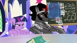 Size: 1280x720 | Tagged: safe, derpibooru import, edit, edited screencap, editor:ah96, screencap, king sombra, twilight sparkle, twilight sparkle (alicorn), alicorn, pony, unicorn, sparkle's seven, the beginning of the end, book, chalkboard, duo, female, floppy ears, friendship throne, grumpy, grumpy twilight, lidded eyes, lounging, male, mare, narrowed eyes, pouting, sitting, slouching, smiling, stallion, throne, twilight is not amused, unamused, written equestrian