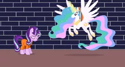 Size: 2768x1496 | Tagged: safe, artist:shho13, artist:stephen-fisher, derpibooru import, princess celestia, starlight glimmer, alicorn, pony, unicorn, alternate ending, clothes, horn, horn cap, jail, magic suppression, prison, prison outfit, prisoner, punish the villain, punishment, sad