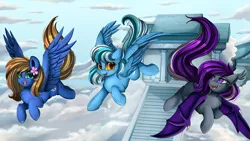 Size: 2920x1642 | Tagged: safe, artist:pridark, derpibooru import, oc, oc:star glider, oc:stormy night, oc:wind sail, unofficial characters only, bat pony, pegasus, pony, bat pony oc, bat wings, cloud, cloudsdale, commission, eye reflection, female, flower, flower in hair, fluffy, flying, mare, open mouth, reflection, sky, wings