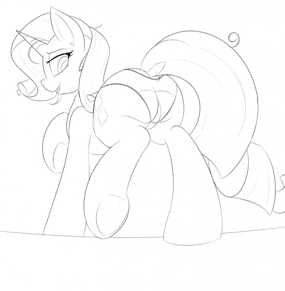 Size: 1254x1280 | Tagged: safe, artist:mrrowboat, derpibooru import, rarity, pony, unicorn, butt, clothes, dock, female, looking back, mare, messy mane, monochrome, panties, plot, raised hoof, rearity, smiling, solo, underhoof, underwear