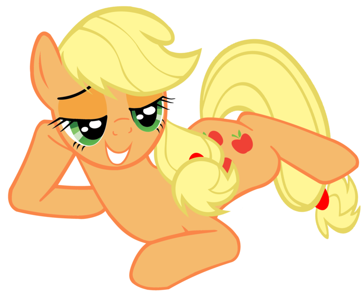 Size: 4632x3760 | Tagged: safe, artist:iamthegreatlyra, derpibooru import, applejack, earth pony, pony, bedroom eyes, damn sexy pose, draw me like one of your french girls, female, lidded eyes, mare, missing accessory, on stomach, pose, sexy, simple background, smiling, solo, stupid sexy applejack, transparent background, vector