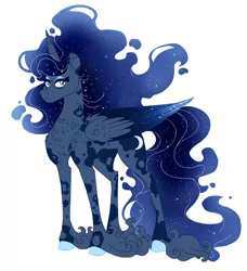 Size: 1280x1401 | Tagged: safe, artist:loxotictoxic, derpibooru import, princess luna, pony, alternate design, coat markings, colored wings, colored wingtips, ethereal mane, ethereal tail, eyeshadow, hoof fluff, long feather, makeup, simple background, solo, unshorn fetlocks, white background, wings