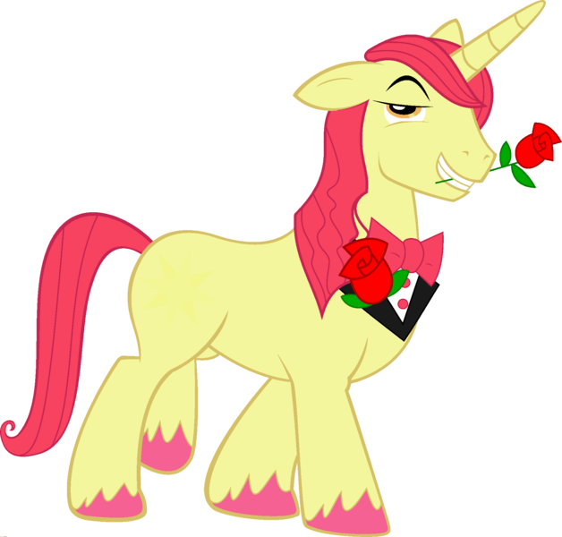 Size: 1920x1834 | Tagged: safe, derpibooru import, edit, vector edit, apple bloom, prince blueblood, pony, unicorn, ponyar fusion, bowtie, flower, fusion, male, palette swap, recolor, rose, simple background, solo, stallion, transparent background, unshorn fetlocks, vector