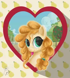 Size: 2596x2870 | Tagged: safe, artist:jaycdandelion, derpibooru import, pear butter, pony, :p, bust, heart eyes, picture frame, portrait, silly, smiling, solo, tongue out, wingding eyes