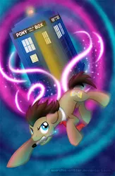 Size: 700x1074 | Tagged: safe, artist:scorchie-critter, derpibooru import, doctor whooves, time turner, pony, doctor who, male, mouth hold, necktie, solo, sonic screwdriver, stallion, tardis, watermark