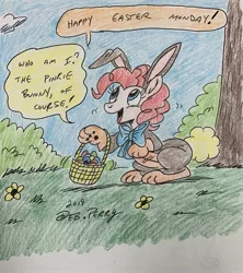 Size: 2804x3160 | Tagged: safe, artist:debmervin, derpibooru import, pinkie pie, pony, animal costume, basket, bunny costume, bunny ears, clothes, costume, easter, easter basket, easter bunny, easter egg, holiday, neck bow, solo, traditional art