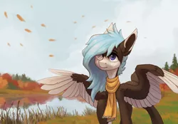 Size: 2420x1681 | Tagged: safe, artist:koviry, derpibooru import, oc, unofficial characters only, pegasus, pony, clothes, commission, grass, multicolored iris, raised hoof, river, scarf, solo