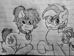 Size: 2560x1920 | Tagged: safe, artist:thebadbadger, derpibooru import, oc, oc:bubblegum, oc:phire demon, unofficial characters only, pony, lineart, lined paper, rule 63, tongue out, traditional art