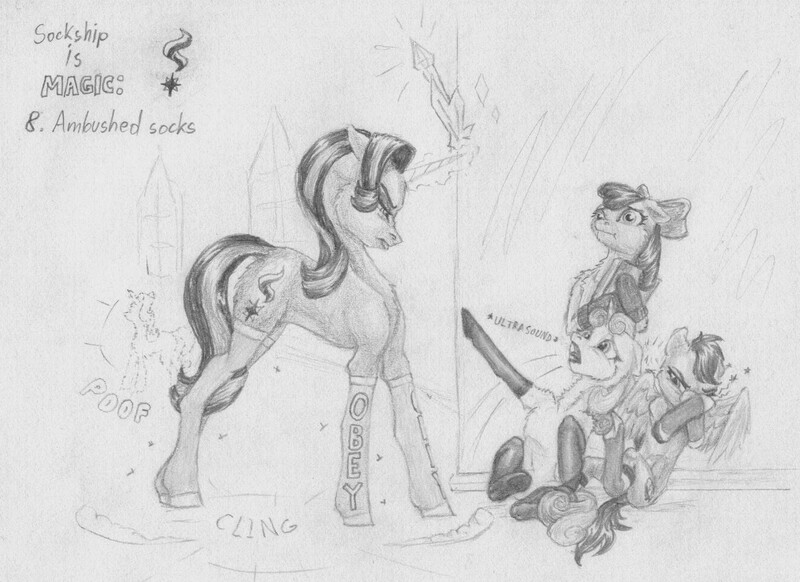 Size: 1581x1151 | Tagged: safe, artist:joestick, derpibooru import, apple bloom, scootaloo, starlight glimmer, sweetie belle, earth pony, pegasus, pony, unicorn, :i, against wall, book, clothes, cutie mark crusaders, female, magic, mare, monochrome, pencil drawing, prank, socks, sockship is magic, squeaky belle, starlight is not amused, teleportation, traditional art, twilight's castle, unamused