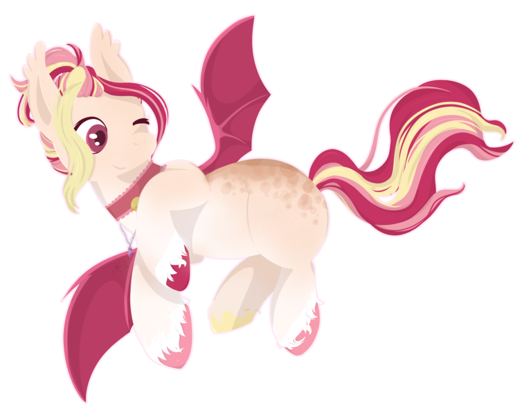 Size: 4272x3400 | Tagged: safe, artist:hirundoarvensis, derpibooru import, oc, bat pony, pony, choker, female, mare, multicolored hooves, one eye closed, simple background, solo, transparent background, wink