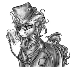 Size: 849x789 | Tagged: safe, artist:raychelrage, derpibooru import, oc, unofficial characters only, pony, unicorn, fallout equestria, choker, clothes, craft, engraving, eyeglasses, female, hat, jewelry, mare, patch, pince-nez, pocket watch, raider, solo, suit