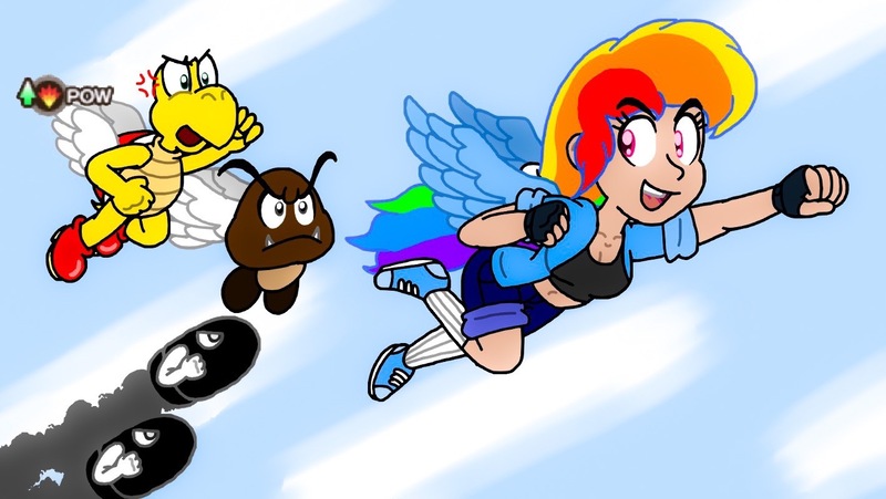 Size: 1419x800 | Tagged: safe, artist:zer0cute, derpibooru import, rainbow dash, human, equestria girls, bullet bill, clothes, crossover, fingerless gloves, flying, gloves, goomba, humanized, nintendo, paratroopa koopa, pegasus wings, shoes, sneakers, super mario bros., winged humanization, wings