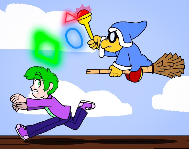 Size: 1385x1097 | Tagged: safe, artist:zer0cute, derpibooru import, spike, human, equestria girls, broom, clothes, crossover, humanized, kamek, magic wand, nintendo, running, shoes, sneakers, super mario bros.