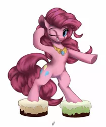 Size: 1145x1361 | Tagged: safe, artist:fluttersheeeee, derpibooru import, pinkie pie, earth pony, pony, the beginning of the end, bipedal, cake, cakewalk, cute, diapinkes, element of laughter, female, food, mare, one eye closed, pun, simple background, smiling, solo, visual pun, white background, wink