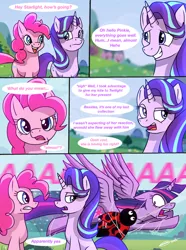 Size: 1280x1720 | Tagged: safe, artist:foxyrustoneartist, derpibooru import, pinkie pie, starlight glimmer, twilight sparkle, twilight sparkle (alicorn), alicorn, earth pony, insect, ladybug, pony, unicorn, starlight the hypnotist, spoiler:interseason shorts, aaaaaaaaaa, coccinellidaephobia, comic, dialogue, flying, grammar error, kite, panic, screaming, silly, silly pony, tangled up, twilight hates ladybugs