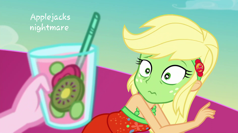 Size: 1280x720 | Tagged: safe, derpibooru import, applejack, equestria girls, equestria girls series, spring breakdown, clothes, dress, drink, drinking straw, exploitable meme, hand, meme, sleeveless