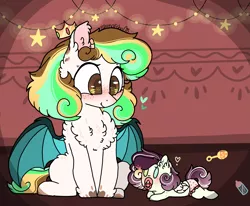 Size: 2335x1927 | Tagged: safe, artist:myfantasy08, derpibooru import, oc, oc:aury clocking, oc:creamy echonnus, unofficial characters only, demon, pegasus, pony, baby, baby bottle, baby pony, bat wings, blushing, chest fluff, clothes, crown, duo, female, filly, folded wings, heart, heart eyes, heterochromia, jewelry, looking at someone, multicolored mane, offspring, parent:oc:equino echonnus, parent:oc:lemony echonnus, parents:lemino, parents:oc x oc, pegasus wings, regalia, small horns, smiling, species:clockwork, spread wings, stars, underwear, wingding eyes, wings