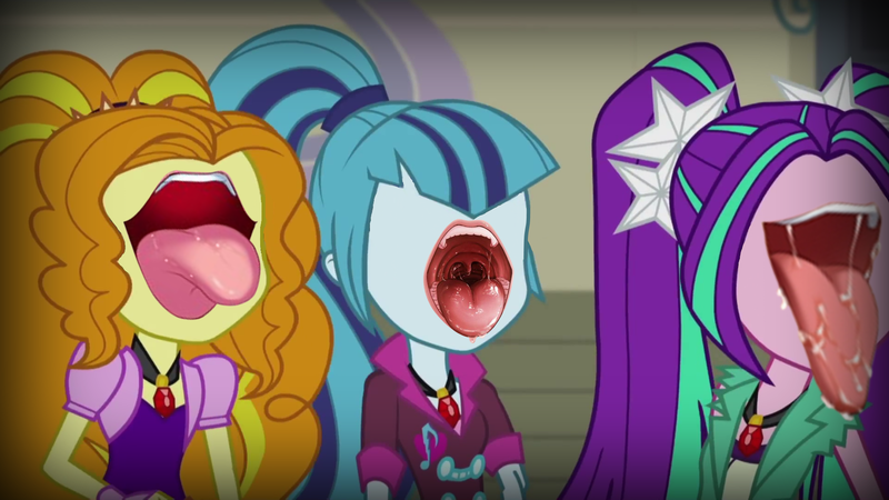 Size: 1920x1080 | Tagged: safe, derpibooru import, edit, edited screencap, screencap, adagio dazzle, aria blaze, sonata dusk, equestria girls, rainbow rocks, ahegao, eldritch horror, jesus christ how horrifying, lips, nightmare fuel, not salmon, open mouth, salivating, tongue out, uvula, wat