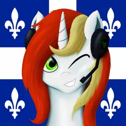 Size: 2000x2000 | Tagged: safe, artist:tunrae, derpibooru import, oc, oc:qc, pony, unicorn, bust, canada, commission, headset, lineless, looking at you, one eye closed, quebec, solo, wink