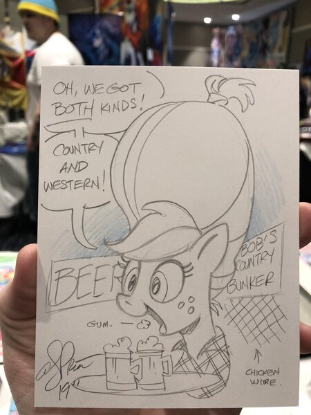 Size: 1536x2048 | Tagged: safe, artist:andypriceart, derpibooru import, applejack, earth pony, pony, alcohol, alternate hairstyle, beehive hairdo, beer, big hair, blues brothers, bubblegum, chewing gum, chicken wire, country music, female, food, gum, mare, pencil drawing, photo, traditional art