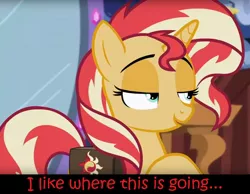 Size: 1544x1196 | Tagged: safe, derpibooru import, edit, edited screencap, editor:leonidus, screencap, sunset shimmer, pony, unicorn, equestria girls, mirror magic, spoiler:eqg specials, bedroom eyes, book, cropped, dialogue, journal, mirror, portal, reaction image, smiling, smirk, solo, text