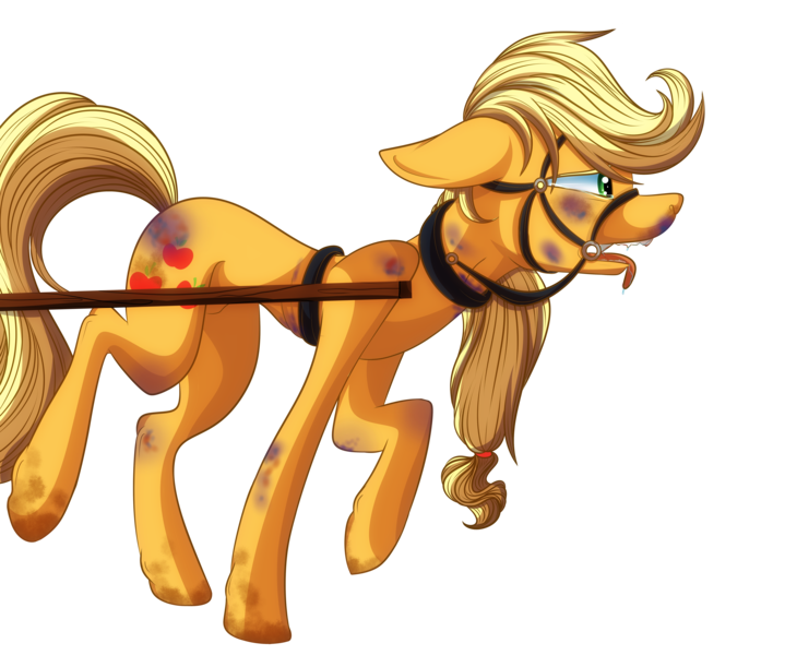 Size: 6159x5138 | Tagged: semi-grimdark, artist:elskafox, derpibooru import, applejack, earth pony, pony, bit, bridle, bruised, cart, collar, drool, pulling, simple background, tack, tongue out, transparent background, workaholic