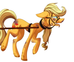 Size: 6159x5138 | Tagged: semi-grimdark, artist:elskafox, derpibooru import, applejack, earth pony, pony, bit, bridle, bruised, cart, collar, drool, pulling, simple background, tack, tongue out, transparent background, workaholic