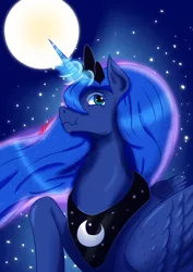 Size: 2894x4093 | Tagged: safe, artist:mantarwolf, derpibooru import, princess luna, alicorn, pony, ethereal mane, female, full moon, mare, moon, night, scrunchy face, solo, starry mane