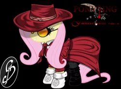 Size: 1041x767 | Tagged: artist needed, safe, derpibooru import, fluttershy, pegasus, pony, alucard, alushy, black background, clothes, cutie mark, goggles, grin, hat, hellsing, pentagram, simple background, smiling