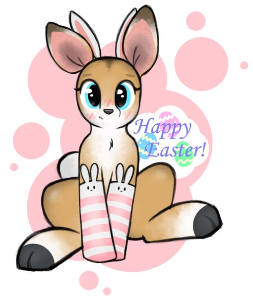 Size: 833x980 | Tagged: safe, artist:goodgirldoe, derpibooru import, oc, oc:cheyenne, unofficial characters only, deer, barely pony related, blushing, bunny ears, clothes, cute, deer oc, doe, easter, female, holiday, image, jpeg, looking at you, ocbetes, sitting, socks, solo, striped socks, text