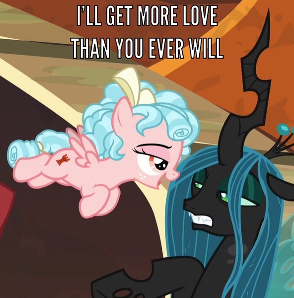 Size: 679x688 | Tagged: safe, derpibooru import, edit, edited screencap, screencap, cozy glow, lord tirek, queen chrysalis, changeling, changeling queen, pegasus, pony, the beginning of the end, caption, cropped, female, filly, image macro, text