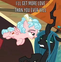 Size: 679x688 | Tagged: safe, derpibooru import, edit, edited screencap, screencap, cozy glow, lord tirek, queen chrysalis, changeling, changeling queen, pegasus, pony, the beginning of the end, caption, cropped, female, filly, image macro, text