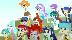 Size: 1280x720 | Tagged: safe, derpibooru import, screencap, aqua blossom, blueberry cake, bright idea, captain planet, crimson napalm, flash sentry, microchips, normal norman, paisley, rose heart, scribble dee, starlight, eqg summertime shorts, equestria girls, steps of pep, background human, cheering, female, male