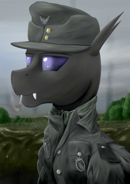 Size: 1600x2258 | Tagged: safe, artist:richmay, derpibooru import, oc, unofficial characters only, changeling, equestria at war mod, army, bust, cap, changeling oc, cigarette, clothes, commission, hat, military, portrait, purple changeling, smoking, uniform, war, wehrmacht, world war ii