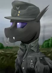 Size: 1600x2258 | Tagged: army, artist:richmay, bust, cap, changeling, changeling oc, cigarette, clothes, commission, derpibooru import, equestria at war mod, hat, military, oc, portrait, purple changeling, safe, smoking, uniform, unofficial characters only, war, wehrmacht, world war ii