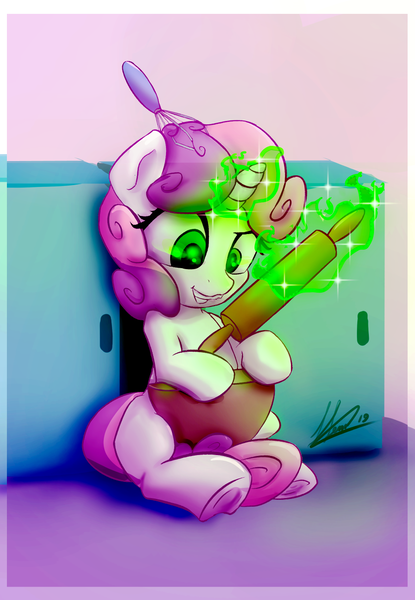 Size: 900x1300 | Tagged: safe, artist:klemm, derpibooru import, sweetie belle, pony, unicorn, cooking, female, filly, food, glowing horn, horn, levitation, magic, rolling pin, smiling, solo, sweetie belle can't cook, sweetie fail, telekinesis, this will end in fire, underhoof, whisk