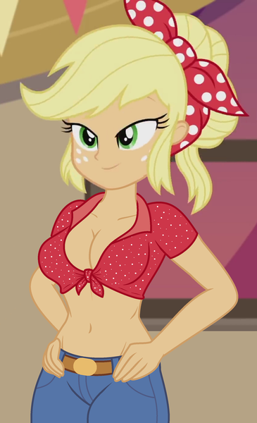 Size: 840x1380 | Tagged: safe, derpibooru import, edit, edited screencap, editor:ah96, screencap, applejack, equestria girls, equestria girls series, five to nine, belly button, big breasts, breast edit, breasts, busty applejack, cleavage, clothes, cropped, female, front knot midriff, hands on hip, jeans, lidded eyes, midriff, pants, sexy, show accurate, solo